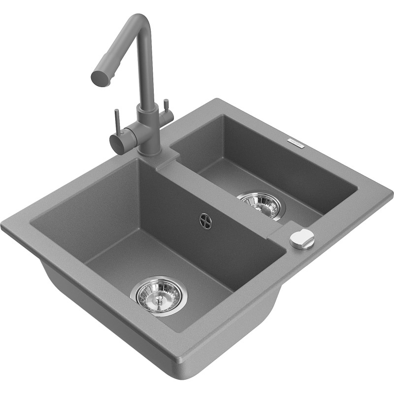 Mexen Carlos 1.5-bowl granite sink with Duero kitchen faucet, gray - 6518-71-671600-71