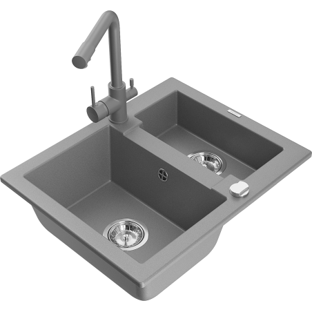 Mexen Carlos granite kitchen sink 1.5-bowl with Duero kitchen faucet, gray - 6518-71-671600-71