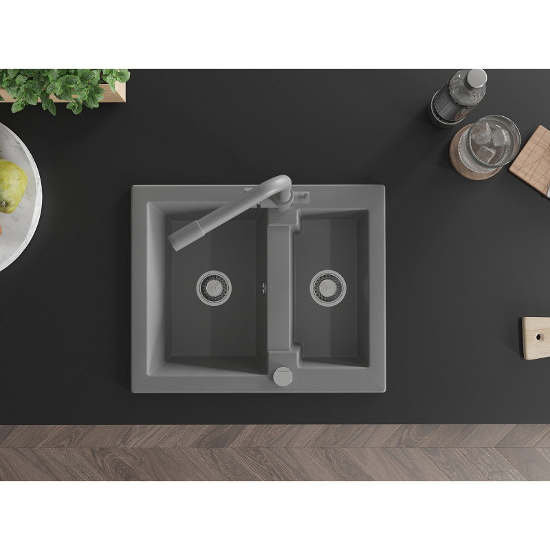 Mexen Carlos 1.5-bowl granite sink with Duero kitchen faucet, gray - 6518-71-671600-71