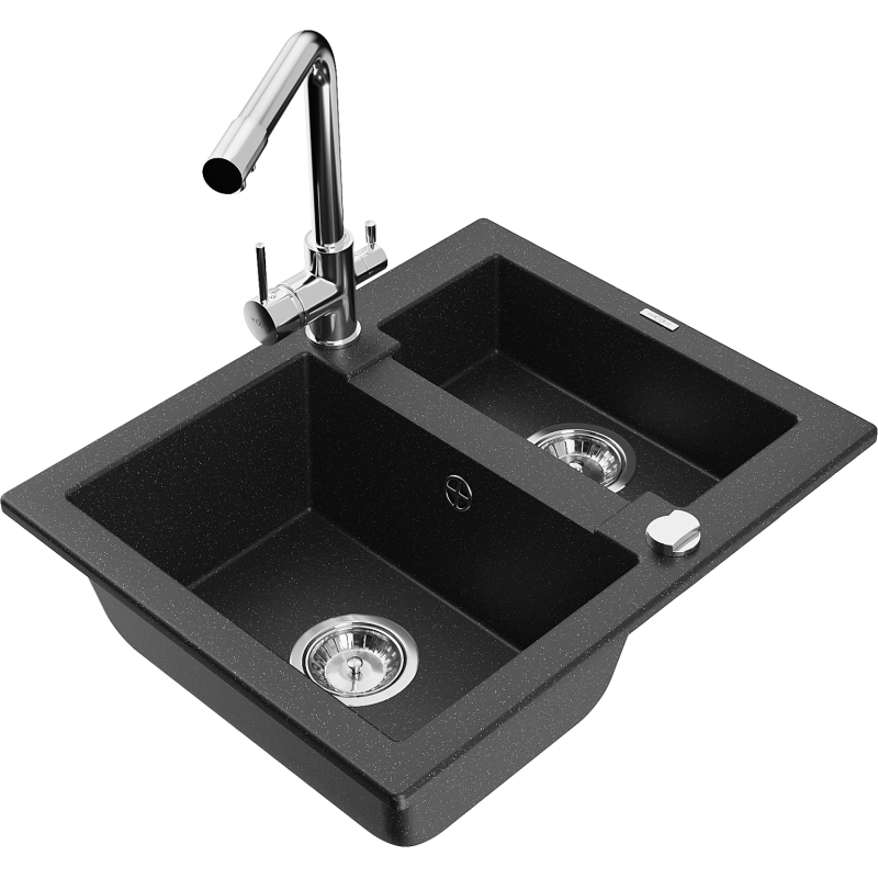 Mexen Carlos granite sink 1.5-bowl with Duero kitchen tap, black/silver metallic - 6518-73-671600-00