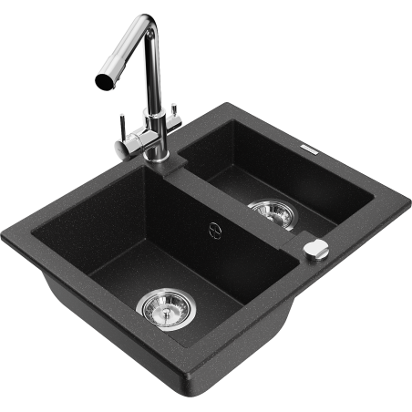 Mexen Carlos granite sink 1.5-bowl with Duero kitchen faucet, black/silver metallic - 6518-73-671600-00