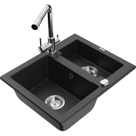 Mexen Carlos granite sink 1.5-bowl with Duero kitchen tap, black/silver metallic - 6518-73-671600-00