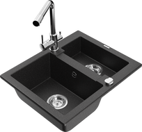 Mexen Carlos granite sink 1.5-bowl with Duero kitchen faucet, black/silver metallic - 6518-73-671600-00