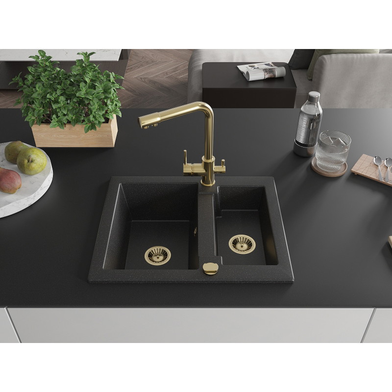 Mexen Carlos granite sink 1.5-bowl with Duero kitchen faucet, black/silver metallic - 6518-73-671600-50