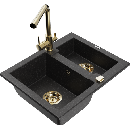 Mexen Carlos granite kitchen sink 1.5-bowl with Duero kitchen faucet, black/silver metallic - 6518-73-671600-50