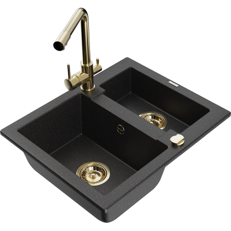 Mexen Carlos granite sink 1.5-bowl with Duero kitchen faucet, black/silver metallic - 6518-73-671600-50