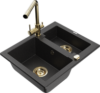 Mexen Carlos granite kitchen sink 1.5-bowl with Duero kitchen faucet, black/silver metallic - 6518-73-671600-50