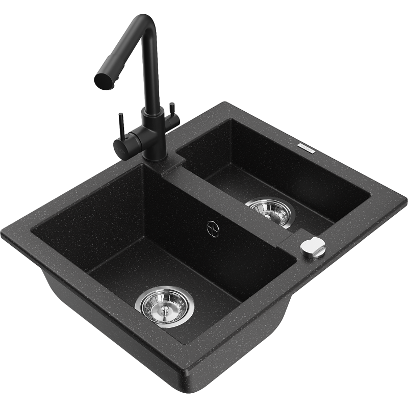 Mexen Carlos 1,5-compartment granite sink with a kitchen mixer tap Duero, Black/Silver metallic - 6518-73-671600-70