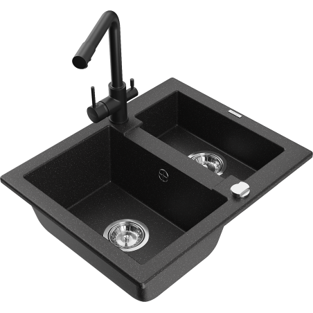 Mexen Carlos Granite Kitchen Sink 1.5-Bowl with Duero Kitchen Faucet, Black/Silver Metallic - 6518-73-671600-70