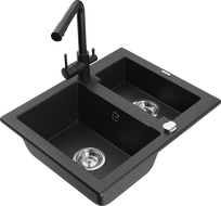 Mexen Carlos granite sink 1.5-bowl with Duero kitchen faucet, black/silver metallic - 6518-73-671600-70