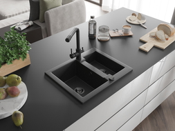 Mexen Carlos granite sink 1.5-bowl with Duero kitchen faucet, black/silver metallic - 6518-73-671600-70-B