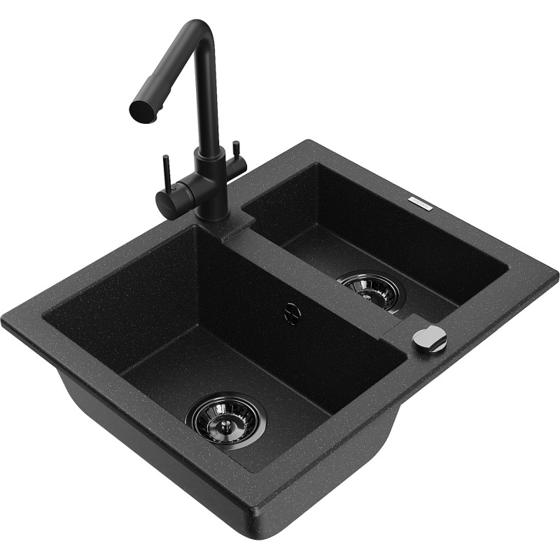 Mexen Carlos granite sink 1.5-bowl with Duero kitchen faucet, black/silver metallic - 6518-73-671600-70-B