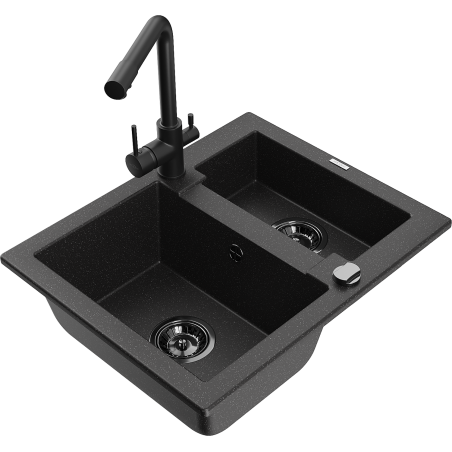 Mexen Carlos 1.5-bowl granite sink with Duero kitchen faucet, black/silver metallic - 6518-73-671600-70-B