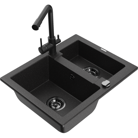 Mexen Carlos granite sink 1.5-bowl with Duero kitchen tap, black/silver metallic - 6518-73-671600-70-B