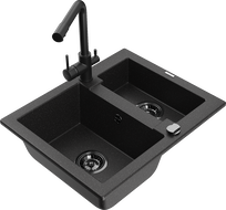 Mexen Carlos granite sink 1.5-bowl with Duero kitchen faucet, black/silver metallic - 6518-73-671600-70-B