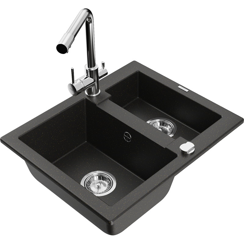 Mexen Carlos 1.5-bowl granite sink with Duero kitchen faucet, black/gold metallic - 6518-75-671600-00