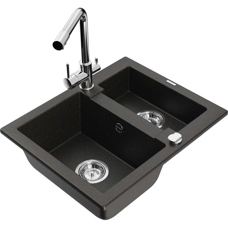 Mexen Carlos 1,5-compartment granite sink with a kitchen mixer tap Duero, Black/Gold metallic - 6518-75-671600-00