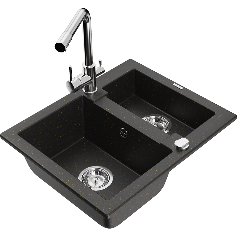 Mexen Carlos Granite Kitchen Sink 1.5-Bowl with Duero Tap, Black/Gold Metallic - 6518-75-671600-00