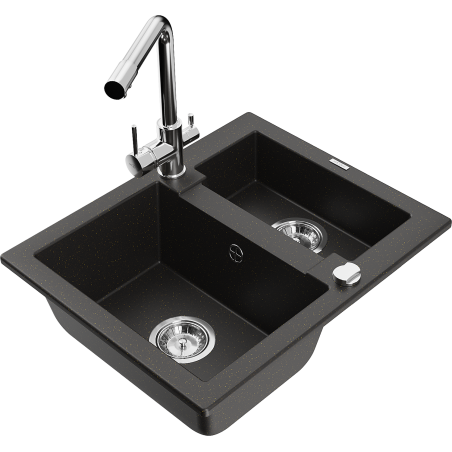 Mexen Carlos 1.5-bowl granite sink with Duero kitchen faucet, black/gold metallic - 6518-75-671600-00