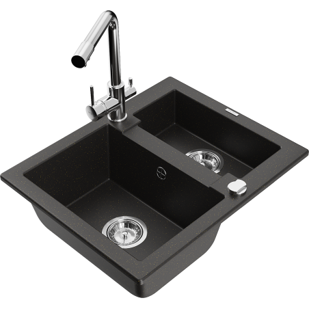 Mexen Carlos Granite Kitchen Sink 1.5-Bowl with Duero Tap, Black/Gold Metallic - 6518-75-671600-00