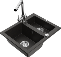 Mexen Carlos granite sink 1.5-bowl with Duero kitchen faucet, black/gold metallic - 6518-75-671600-00