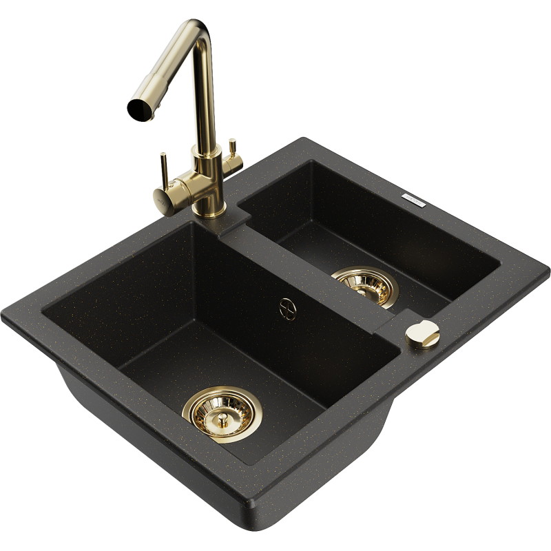 Mexen Carlos 1.5-Bowl Granite Sink with Duero Kitchen Faucet, Black/Gold Metallic - 6518-75-671600-50