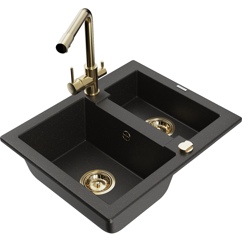 Mexen Carlos 1,5-compartment granite sink with a kitchen mixer tap Duero, Black/Gold metallic - 6518-75-671600-50