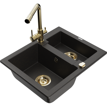 Mexen Carlos granite sink 1.5-bowl with Duero kitchen faucet, black/gold metallic - 6518-75-671600-50