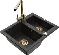 Mexen Carlos 1,5-compartment granite sink with a kitchen mixer tap Duero, Black/Gold metallic - 6518-75-671600-50