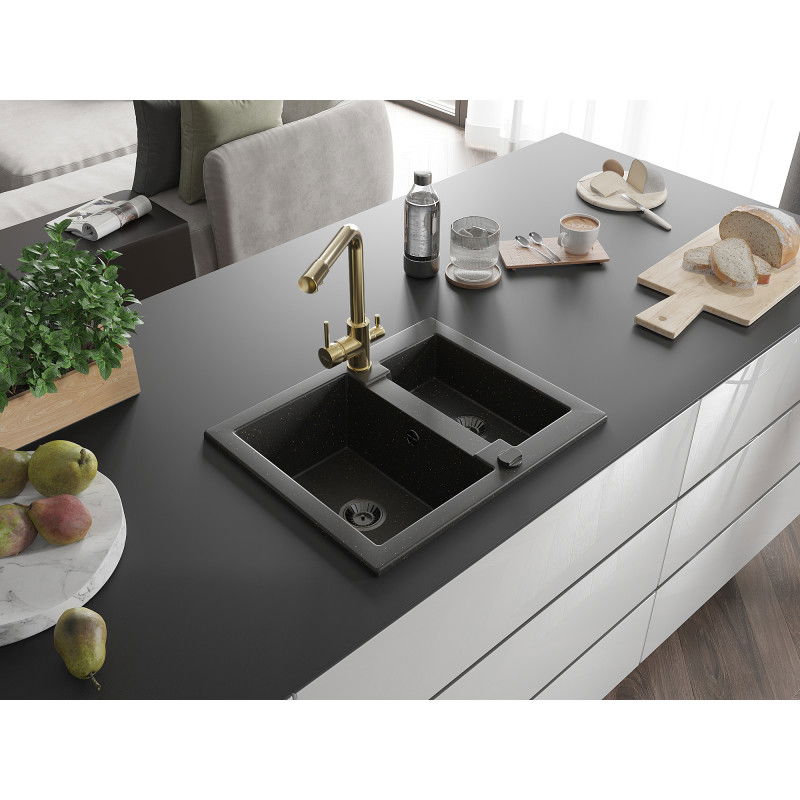 Mexen Carlos granite sink 1.5-bowl with Duero kitchen tap, black/gold metallic - 6518-75-671600-50-B