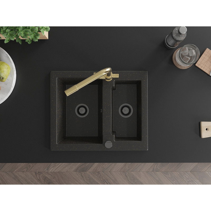 Mexen Carlos granite sink 1.5-bowl with Duero kitchen tap, black/gold metallic - 6518-75-671600-50-B