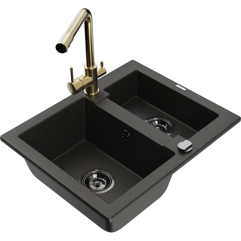 Mexen Carlos granite sink 1.5-bowl with Duero kitchen faucet, black/gold metallic - 6518-75-671600-50-B
