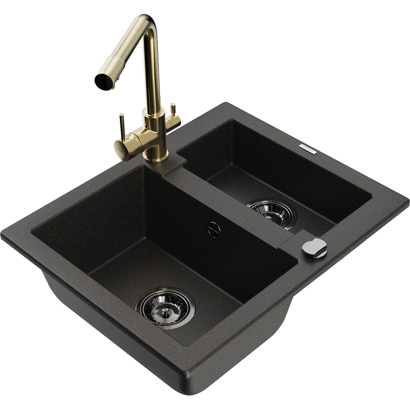Mexen Carlos granite sink 1.5-bowl with Duero kitchen tap, black/gold metallic - 6518-75-671600-50-B