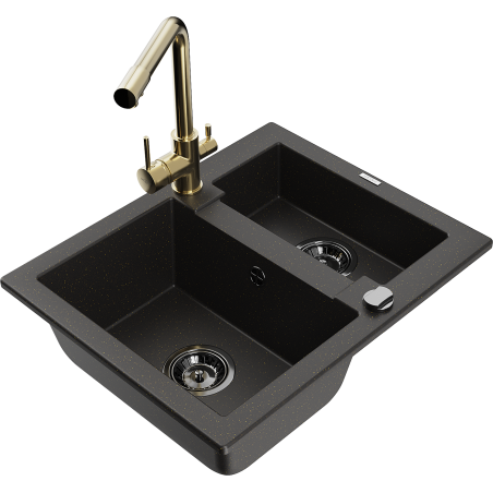 Mexen Carlos granite sink 1.5-bowl with Duero kitchen faucet, black/gold metallic - 6518-75-671600-50-B