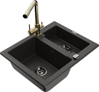 Mexen Carlos 1.5-bowl granite sink with Duero kitchen faucet, black/gold metallic - 6518-75-671600-50-B