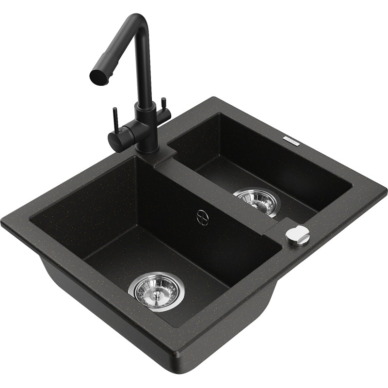 Mexen Carlos granite kitchen sink 1.5-bowl with Duero kitchen faucet, black/gold metallic - 6518-75-671600-70