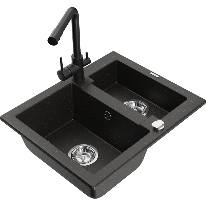 Mexen Carlos granite kitchen sink 1.5-bowl with Duero kitchen tap, black/gold metallic - 6518-75-671600-70