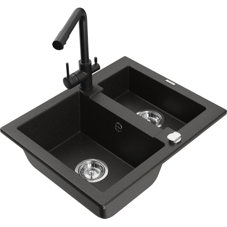 Mexen Carlos granite kitchen sink 1.5-bowl with Duero kitchen faucet, black/gold metallic - 6518-75-671600-70