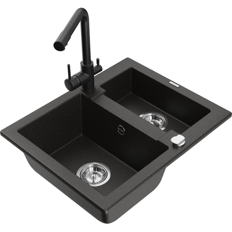 Mexen Carlos granite kitchen sink 1.5-bowl with Duero kitchen tap, black/gold metallic - 6518-75-671600-70