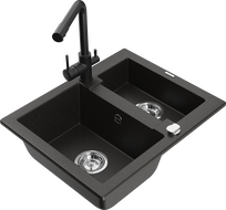 Mexen Carlos granite kitchen sink 1.5-bowl with Duero kitchen faucet, black/gold metallic - 6518-75-671600-70