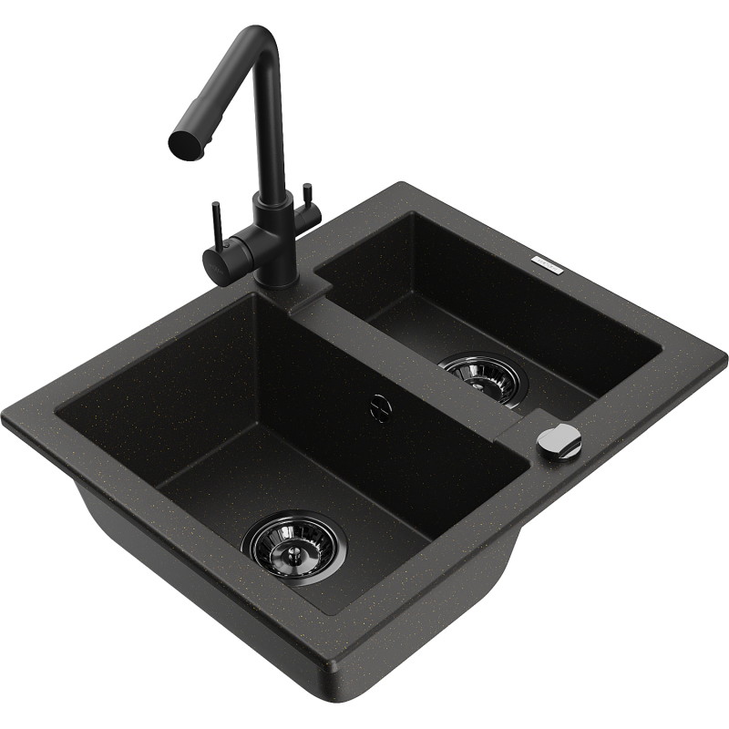Mexen Carlos 1.5-bowl granite sink with Duero kitchen faucet, black/gold metallic - 6518-75-671600-70-B