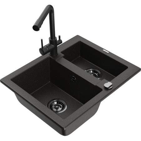 Mexen Carlos 1.5-bowl granite sink with Duero kitchen faucet, black/gold metallic - 6518-75-671600-70-B