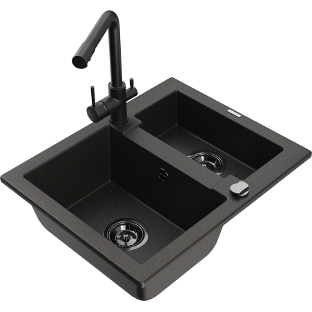 Mexen Carlos granite sink 1.5-bowl with Duero kitchen tap, black/gold metallic - 6518-75-671600-70-B