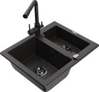 Mexen Carlos 1.5-bowl granite sink with Duero kitchen faucet, black/gold metallic - 6518-75-671600-70-B