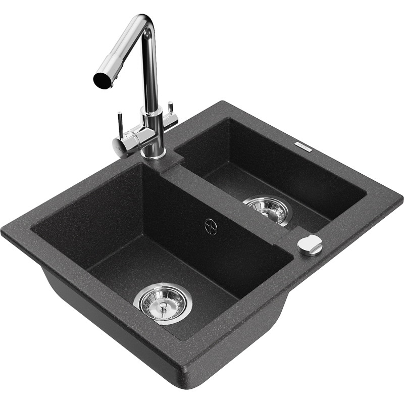 Mexen Carlos granite kitchen sink 1.5-bowl with Duero kitchen faucet, black speckled - 6518-76-671600-00