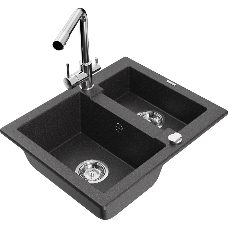 Mexen Carlos granite sink 1.5-bowl with Duero kitchen tap, black spotted - 6518-76-671600-00