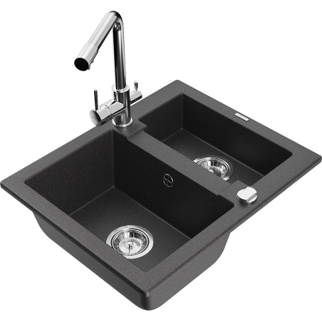 Mexen Carlos granite kitchen sink 1.5-bowl with Duero kitchen faucet, black speckled - 6518-76-671600-00