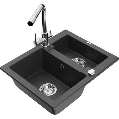 Mexen Carlos granite sink 1.5-bowl with Duero kitchen tap, black spotted - 6518-76-671600-00