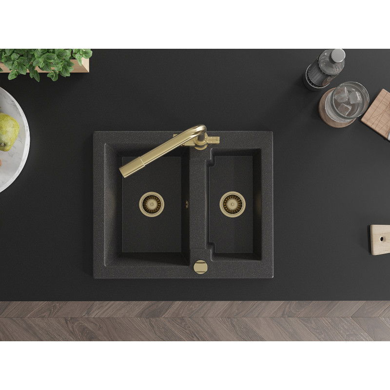 Mexen Carlos granite sink 1.5-bowl with Duero kitchen tap, speckled black - 6518-76-671600-50