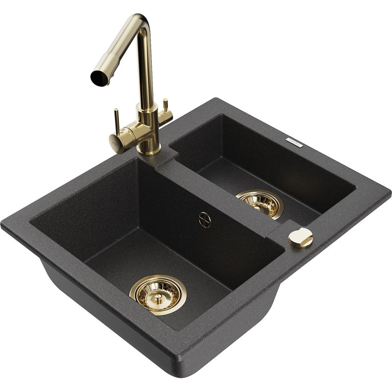 Mexen Carlos 1.5-Bowl Granite Sink with Duero Kitchen Faucet, Speckled Black - 6518-76-671600-50